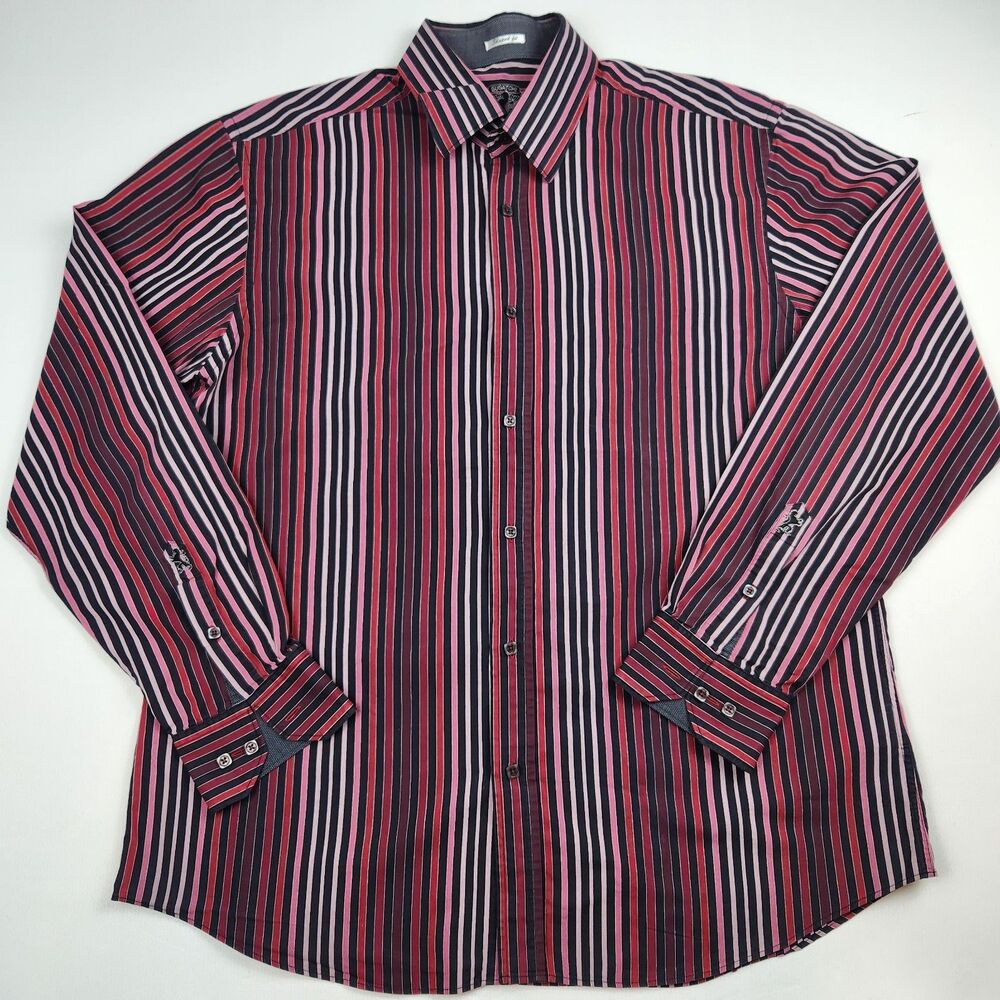 Bugatchi Uomo Vertical Striped Dress Shirt Mens XL Red/Black Shaped Fit Logo